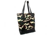 PVC camouflage print shopping tote. Top zipper closing.