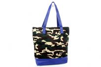 PVC Camouflage print shipping tote. Top zipper closing.