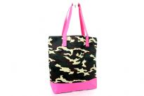 PVC camouflage print shopping tote. Top zipper closing.