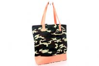 PVC Camouflage printed shopping tote. Top zipper closing.