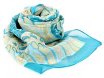 Beautiful Printed scarf in Teal with artistic pattern in gold comprising of paisleys, leaves & flowers. Lightweight & matches with any kind of outfit. 60% polyester and 40% silk. Hand wash.