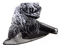 Artistic black sheer scarf with white colored print on it. 60% Polyester and 40% Silk. Hand wash.