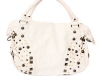 PVC Fashion Handbag has a top zipper closure, a double handle, a detachable shoulder strap, and a mix of studded details.