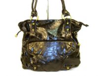 Designer Inspired fashion handbag has a glossy texture, a double handle and a top zipper closure. Made of PU (polyurethane).