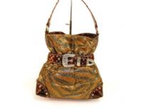 Animal Print Metallic Fashion Handbag with rhinestones belt around its neck with single shoulder strap.