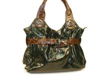 PVC fashion Handbag has a glossy texture, a double handle, a top zipper closure and a belt detail with a lobster claw closure.