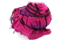 100% Acrylic Crinkled Scarf in bright magenta color with brown & purple stripes running vertically through it. Fringes at the ends of the scarf. Imported.