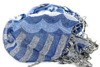 This artistically patterned 100% Polyester scarf in royal blue & white colors is Double layered and super soft to use. This retro scarf can be teamed with any kind of outfit. Thin fringes on the edges adds that extra zing to it. Imported.