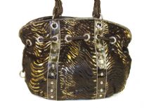 Designer Inspired metallic animal print velvet shoulder bag with drawstring detail. Bag has a zipper closure and a double strap. Made of PU (polyurethane). 