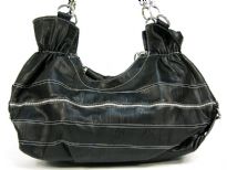 Fashion hobo bag has a stripes pattern, a top zipper closure and a double handle. Made of PVC.