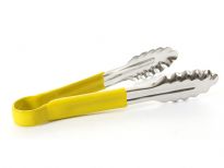 Stainless Steel 9 inches utility tong with PVC handle (Yellow). <br> Color-coded handle prevents cross-contamination.<br> Thickness: 0.9 mm <br> Weight: 115 gms