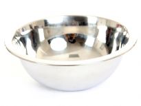 Commercial use deep mixing bowl made of stainless steel, a mirror polish and a rolled edge. Made in India.