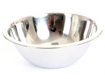 Commercial use deep mixing bowl made of stainless steel, a mirror polish and a rolled edge. Made in India.