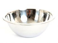 Commercial use deep mixing bowl made of stainless steel,  mirror polish and a rolled edge. Made in India.