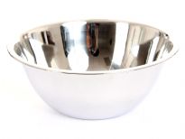 Commercial use deep mixing bowl made of stainless steel, a mirror polish and a rolled edge. Made in India.