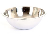 Commercial use deep mixing bowl made of stainless steel, a mirror polish and a rolled edge. Made in India.