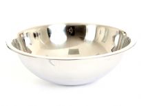 Commercial use deep mixing bowl made of stainless steel, a mirror polish and a rolled edge. Made in India.