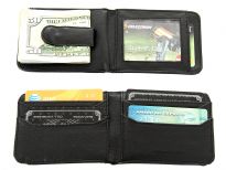 Carry your money in style. This is a leather (man-made) mens wallet featuring 9 credit card slots, one ID window outside and money clip feature. As this is genuine leather, please be aware that there will be some small creases and nicks in the leather but the wallet are all brand new. 