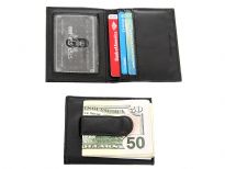 Carry your money in style. This is a leather (man-made) money clip wallet featuring 3 credit card slots, one ID window inside with flip open design. As this is genuine leather, please be aware that there will be some small creases and nicks in the leather but the wallet are all brand new.