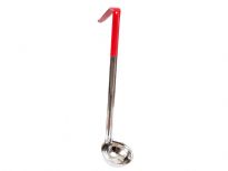 One piece stainless steel 2 Oz. measuring ladle, Red. Made in IndiaThickness: 0.9 mmWeight: 72 gms.Length: 12 inches