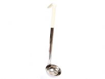 One piece stainless steel 3 Oz. measuring ladle, Ivory. Made in IndiaThickness: 0.9 mmWeight: 90 gms.Length: 14 inches