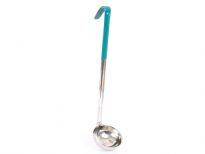 One piece stainless steel 4 Oz. measuring ladle, Green. Made in IndiaThickness: 0.9 mmWeight: 115 gms.Length: 14 inches