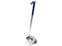 One piece stainless steel 8 Oz. measuring ladle, Blue. Made in India Thickness: 0.9 mm Weight: 135 gms.Length: 15 inches