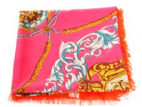 Bright hot pink colored 100% polyester square scarf is decorated with artistic flower & ropes pattern in multi colors. Orange colored border along its four sides with eyelash fringe also.