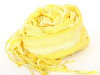 Stripes in shades of yellow  spread over this lightweight & long scarf. Stitches like embroidery all along the stripes decorates this little shiny 100% polyester scarf. Long twisted fringes on its ends. Imported. Hand wash.