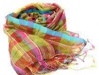 Thin golden stripes cover this green & fuchsia horizontal plaids 100% polyester scarf which has turquoise border along its length. Thin twisted fringes on its edges completes this sheer scarf. Imported. 