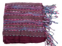 Beautiful burgundy and multi colored design scarf has horizontal open weave pattern. Long twisted fringes completes this 100% viscose scarf. Classy scarf can also be teamed up with a formal dress as a shawl. Imported. 