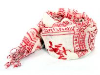Red & White 100% wool scarf with alphabets & numbers print in vertical & horizontal lines. Twisted Fringes at the edges. Imported. Dry clean only.
