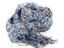 Light blue & orange colored miniature flowers blooms over this 100% wool weave of blue colored scarf finished with long twisted fringe at its ends. Imported. Dry clean only. 