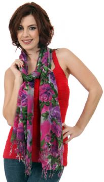 This roses inspired wool scarf will brighten up any of your outfit with fuchsia & purple flowers with green leaves print. Long twisted fringe at the edges. Imported. Dry clean only.