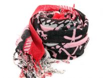 Nautical symbology floats over this 100% wool scarf in pink, red & black colors. The scarf has boats & anchors figure floating over with twisted fringes at the ends. Dry clean only. Imported. 