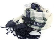 Ivory colored 100% wool scarf has multiple lined plaids over it in navy & dark green colors. Navy colored fringes at its edges. Imported. Dry clean only.