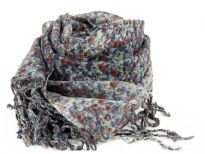 Abstract miniature flowers in grey, brown & navy colors blooms over this 100% wool scarf finished with long twisted fringe at its ends. Imported. Dry clean only. 