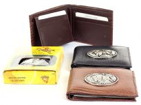 Embossed outer shell genuine leather bi-fold men wallet with solid zinc metal fitting.