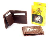 Embossed outer shell genuine leather bi-fold men wallet with solid zinc metal fitting.