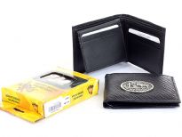 Embossed outer shell genuine leather bi-fold men wallet with solid zinc metal fitting.