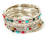 Metal Bangles Size" 2/10, (9 PCS Set), Silver Plating,Opak Multi Kundan work, (12 Sets in Box)