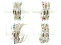 Metal Bangles Size: 2/10, (9 PCS Set), Silver Plating, TR. Kundan work, Colors: Turquoise, Fuchsia, Crystal, Blue