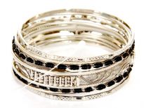 Metal Bangles Size: 2/10, (9 PCS Set) Silver Plating, Black Glass Beads work,(12 Sets in Box)