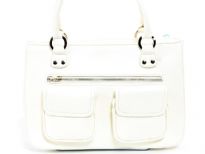 Front Double Pocket Fashion handbag has a top zipper closure and a double handle. Made of faux leather.