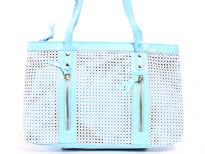 Double Handle PVC Mesh Handbag has a top zipper closing, a double handle and outside zipper details. 