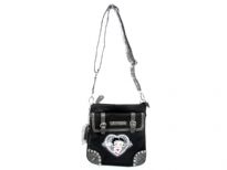 Betty Boop Licensed PVC cross body bag. The bag has front flap pocket and back zipper pocket. The bag is expandable with side zippers and top is zipper closing.