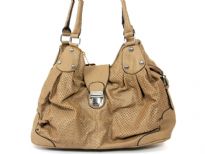 Fashion handbag has a mesh pattern texture, a double handle and a push lock closure. Made of PU (polyurethane).