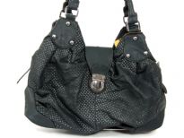 Fashion handbag has a mesh pattern texture, a double handle and a push lock closure. Made of PU (polyurethane).