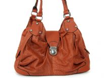 Fashion handbag has a mesh pattern texture, a double handle and a push lock closure. Made of PU (polyurethane).