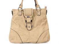 Convertible fashion handbag has a short double handle, a detachable shoulder strap, a top zipper closure with flap magnetic closing. Made of PU (polyurethane).